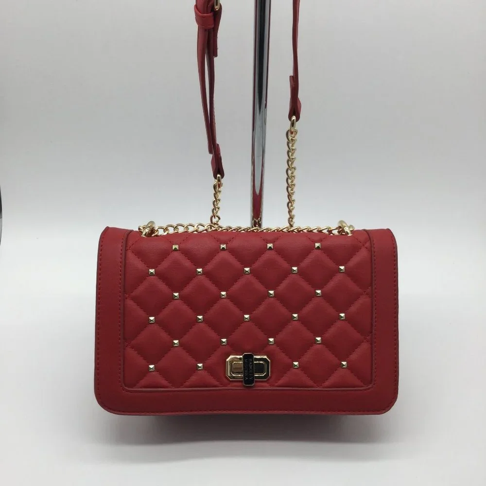 Badgley Mischka Red Quilted Flap Faux Leather Purse